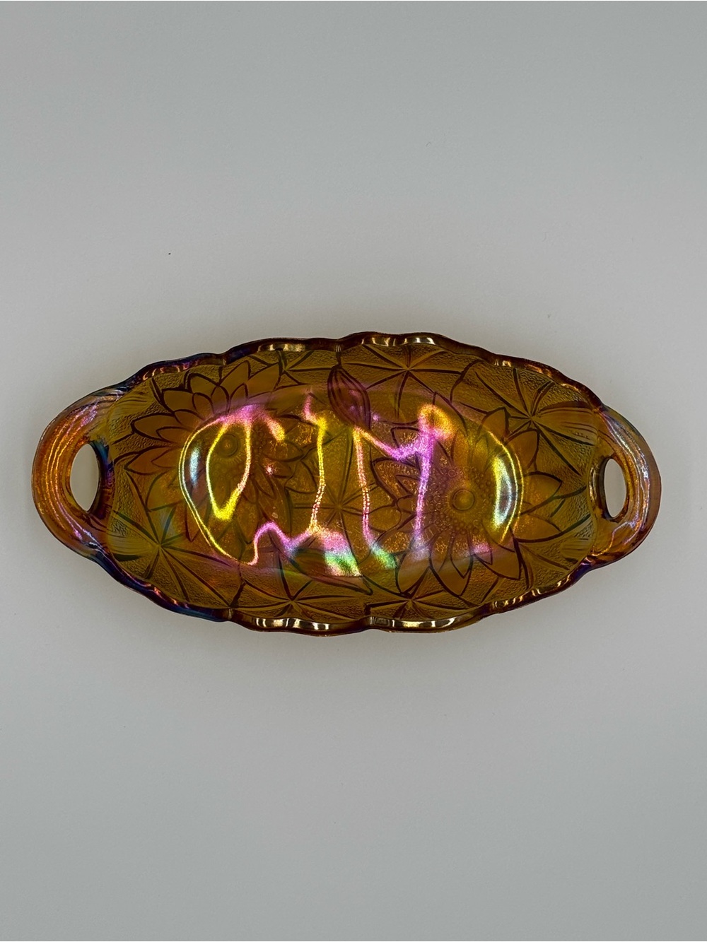 Iridescent Amber Carnival Glass Serving Tray with Floral Pattern